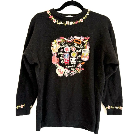 Vintage Embroidered Wool Sweater Black - Picture 2 of 7